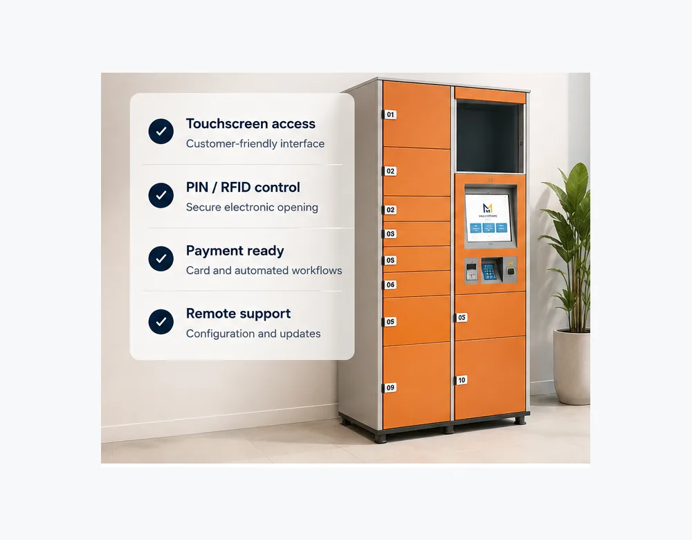 Smart locker hardware, touchscreen software, PIN access and support process